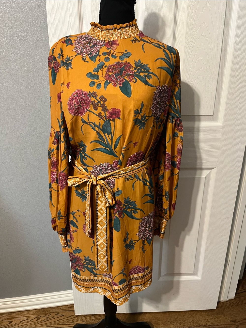 Flying Tomato Mustard Floral Smocked Neck Long Sleeve Dress